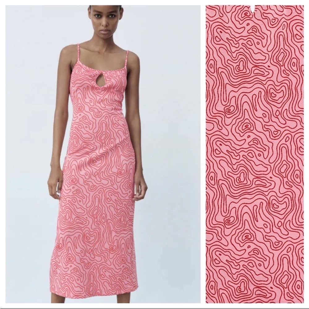 Zara Pink and Red Jacquard Midi Dress